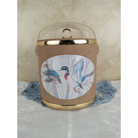 Vintage Ice Bucket Tan Padded Flying Mallard Ducks by Norman R Wamer 8" - Picture 1 of 8
